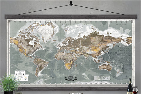 Large World Map. The Largest World Maps Available. |Printed on Archival Canvas up to 5x8ft.  |Vintage Greys - Big World Maps
