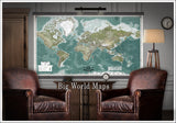 Large World Map. The Largest World Maps Available. |Printed on Archival Canvas up to 5x8ft.  |Vintage Greens - Big World Maps